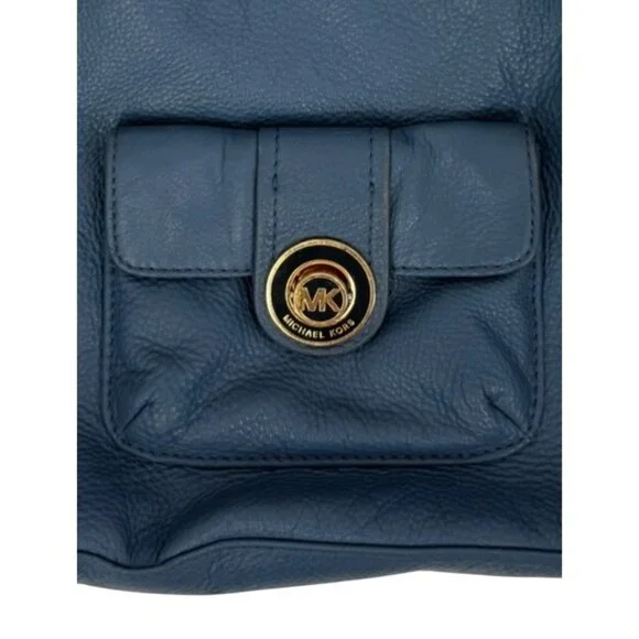 Michael Kors Pushlock Blue Leather Shoulder Bag Gold-Tone Hardware Front Pocket - Picture 3 of 14
